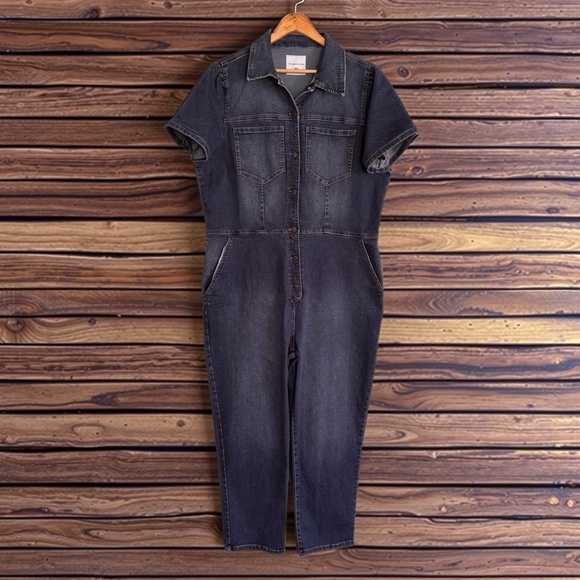 Womens XXXL Short Sleeved Buttoned Boiler Suit Stretch Dark Wash Denim Jumpsuit - Picture 1 of 12